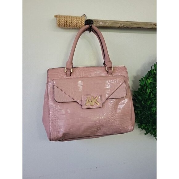 Anne Klein Handbag Faux Leather Double Handles Embossed Pink Croc Purse - Picture 1 of 9